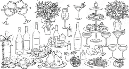 Hand drawn chalk food illustrations. Wedding dinner icons
