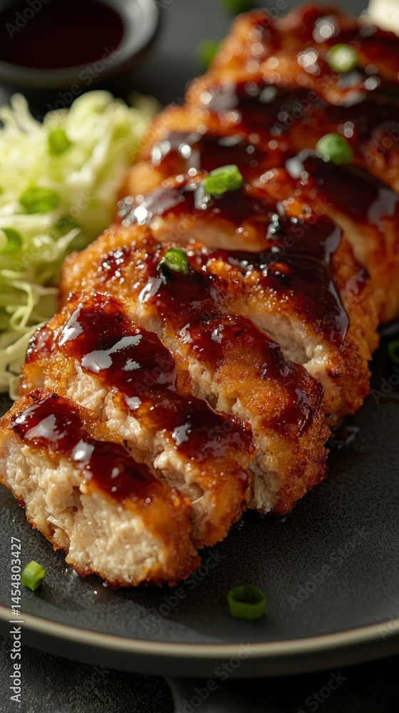 Sliced, sauced cutlet served with shredded cabbage Sliced, sauced cutlet served with shredded cabbage