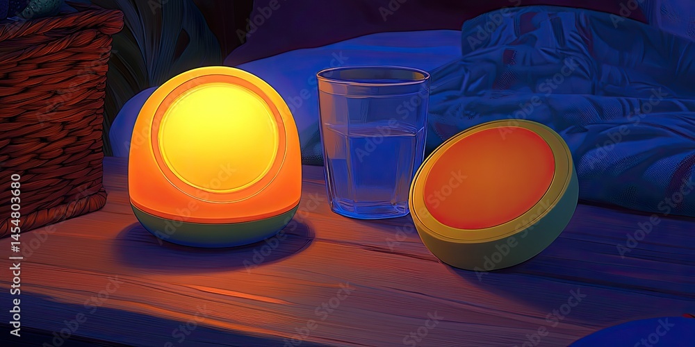Two glowing night lights on a wooden surface.