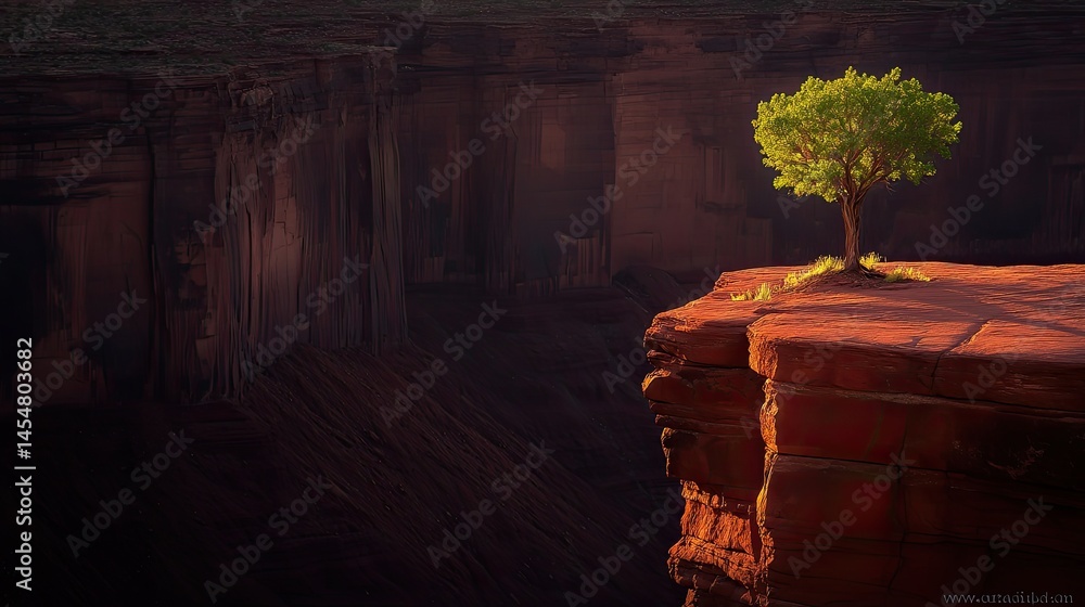 Solitary tree atop a canyon's rocky edge.