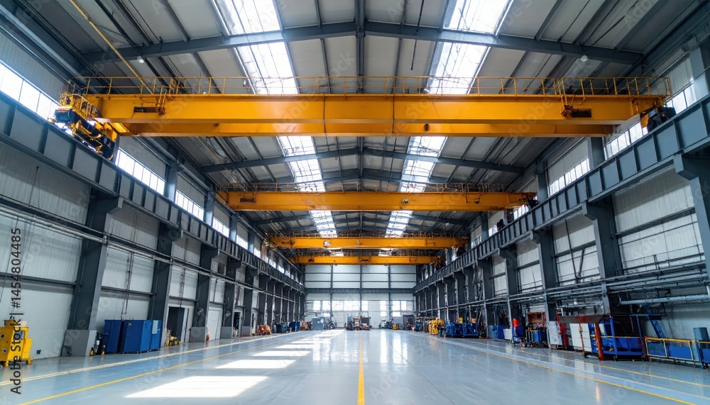 Spacious industrial warehouse with overhead cranes and bright lighting Spacious industrial warehouse with overhead cranes and bright lighting
