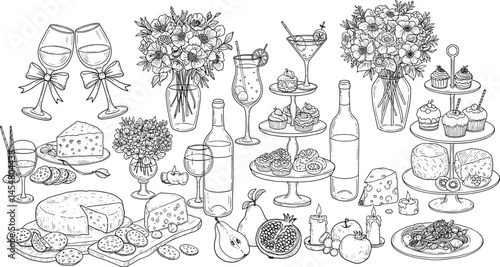 Hand drawn chalk food illustrations. Wedding dinner icons
