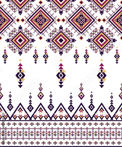 Colorful ethnic tribal pattern with purple, red, and gold diamond shapes on white background, traditional textile inspired design for digital prints, fashion fabric, craft decoration