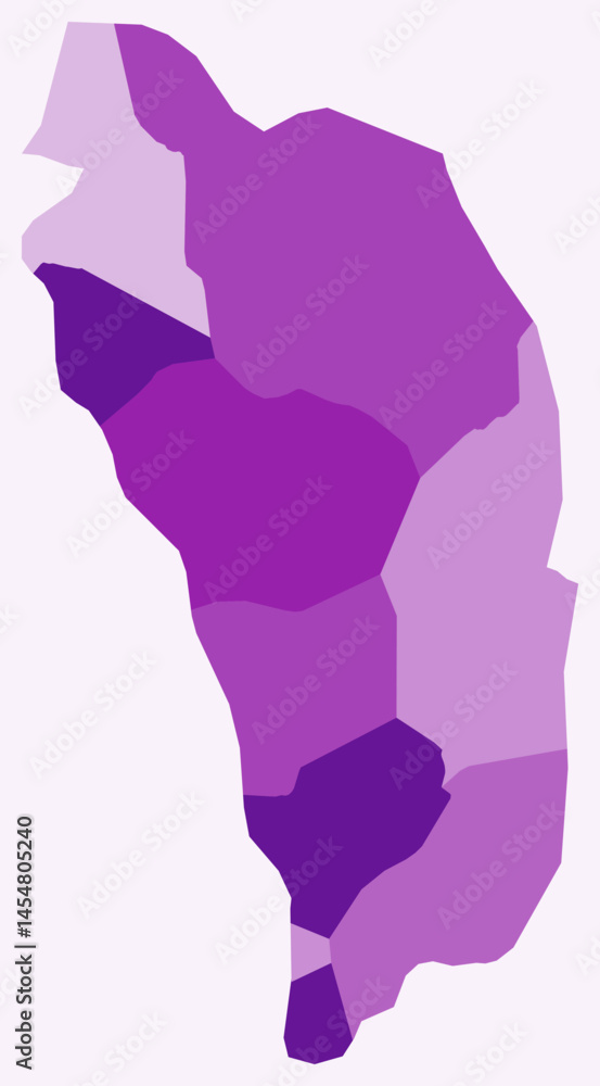 Map of Dominica with regions. Just a simple country border map with region division. Purple color palette. Blank Dominica shape with administrative division. Vector illustration.