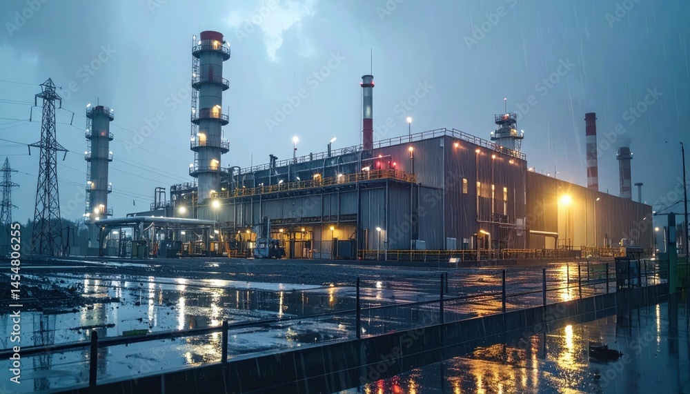 Fototapeta premium Nighttime Industrial Power Plant with Rain and Electric Lights
