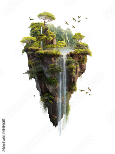 Floating Island with Lush Greenery and Waterfalls