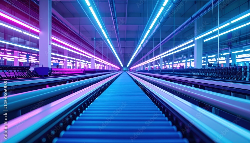 Fototapeta premium Futuristic Warehouse with Neon Lighting and Conveyor Belt Perspective