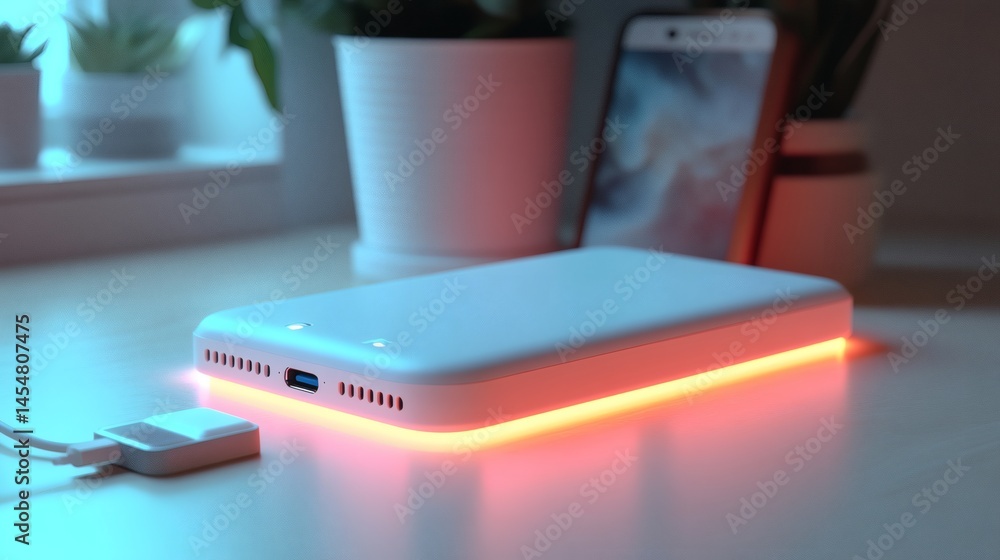 Portable power bank device illuminated with an orange glow, charging via USB cable on a desk surface, next to plants on a transparent background, PNG image, PNG file. Portable power bank device illuminated with an orange glow, charging via USB cable on a desk surface, next to plants on a transparent background, PNG image, PNG file.