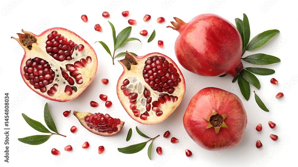 fresh pomegranate one piece with sliced fruit and scattered seeds isolated on white background fresh pomegranate one piece with sliced fruit and scattered seeds isolated on white background