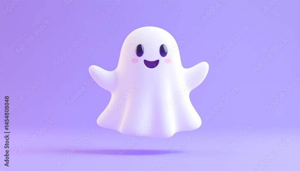 Smiling kawaii ghost floating on pastel purple background, cute wallpaper concept. Smiling kawaii ghost floating on pastel purple background, cute wallpaper concept.