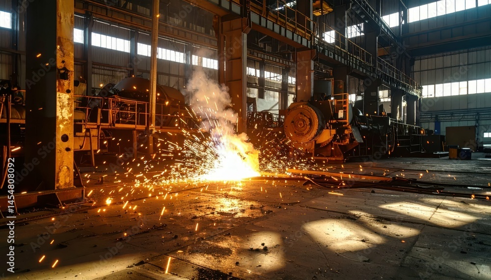 Industrial Scene with Sparks Igniting in Large Warehouse Environment Industrial Scene with Sparks Igniting in Large Warehouse Environment