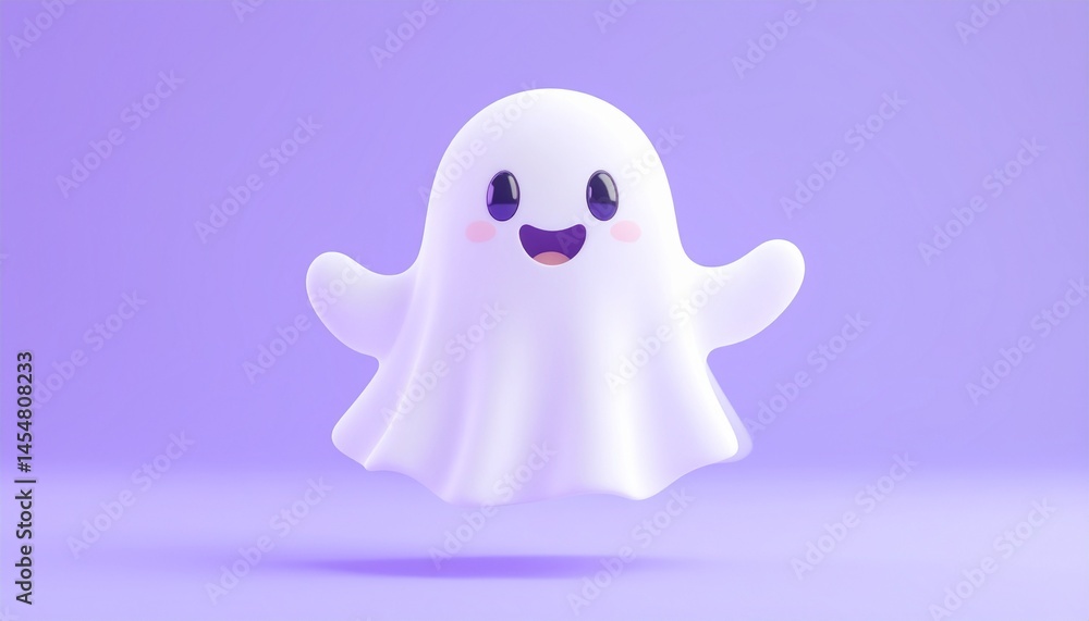 Obraz premium Smiling kawaii ghost floating on pastel purple background, cute wallpaper concept.