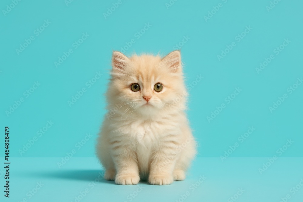 Adorable fluffy cream kitten sitting on turquoise background
