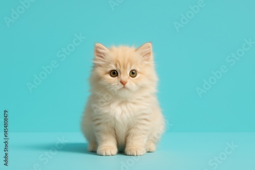 Obraz na płótnie Adorable fluffy cream kitten sitting on turquoise background w salonie