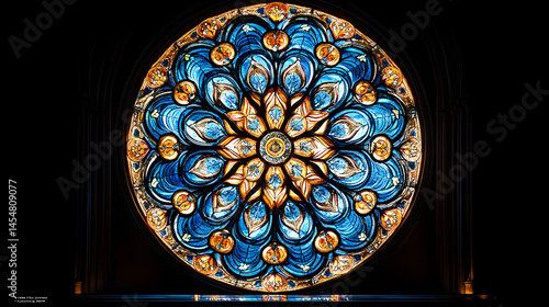 Intricate stained glass rose window with blue and gold patterns in low lighting