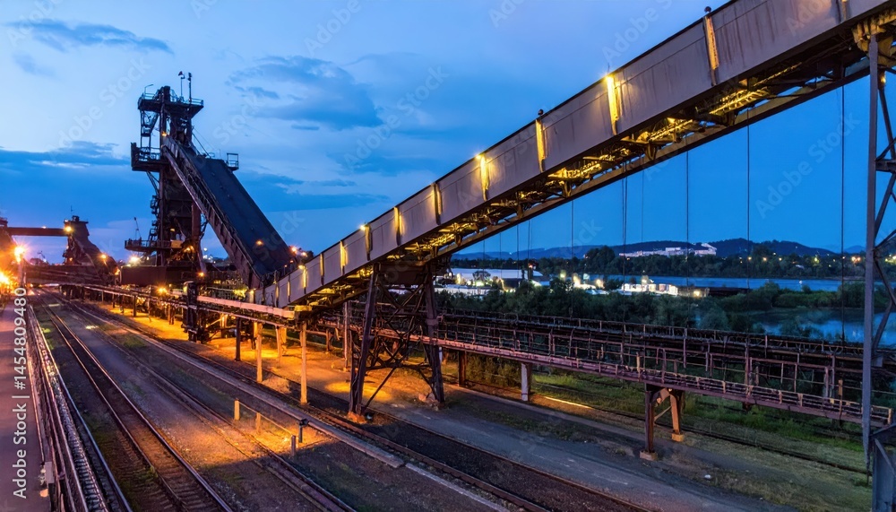 Obraz premium Industrial Landscape at Dusk with Conveyor Belt and Machinery
