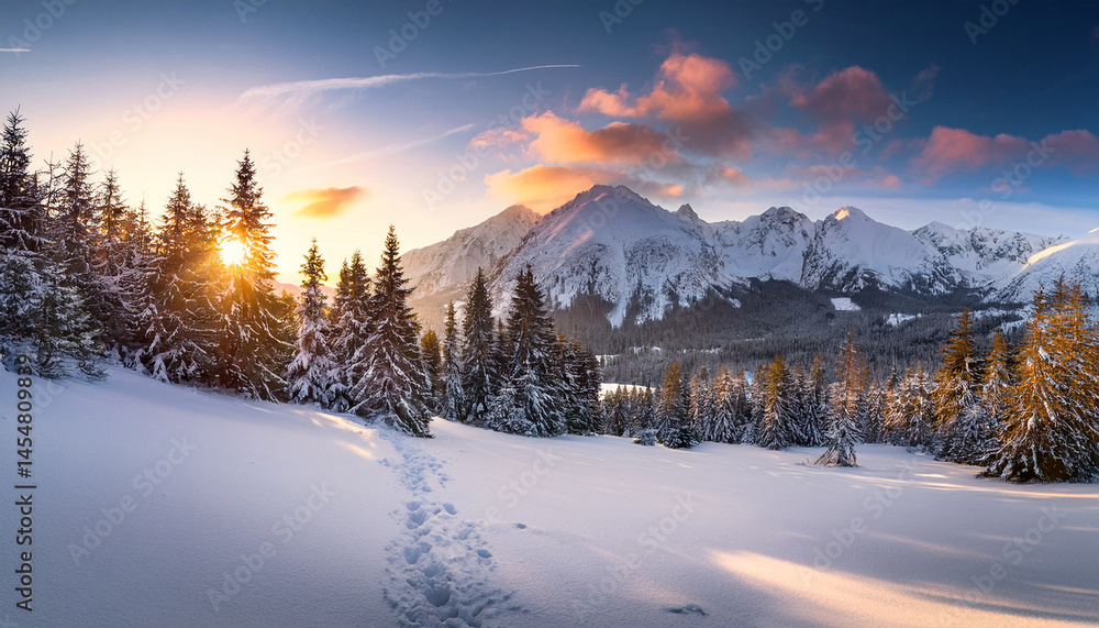 Fototapeta premium sunrise intatra mountains at snowy winter poland