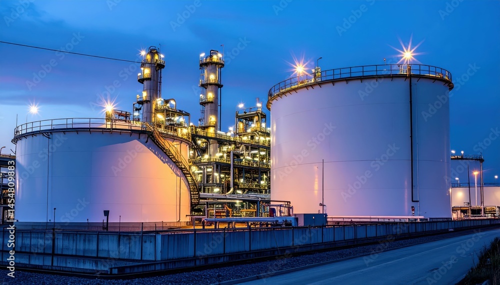 Obraz premium Industrial Complex with Storage Tanks and Bright Lighting at Dusk