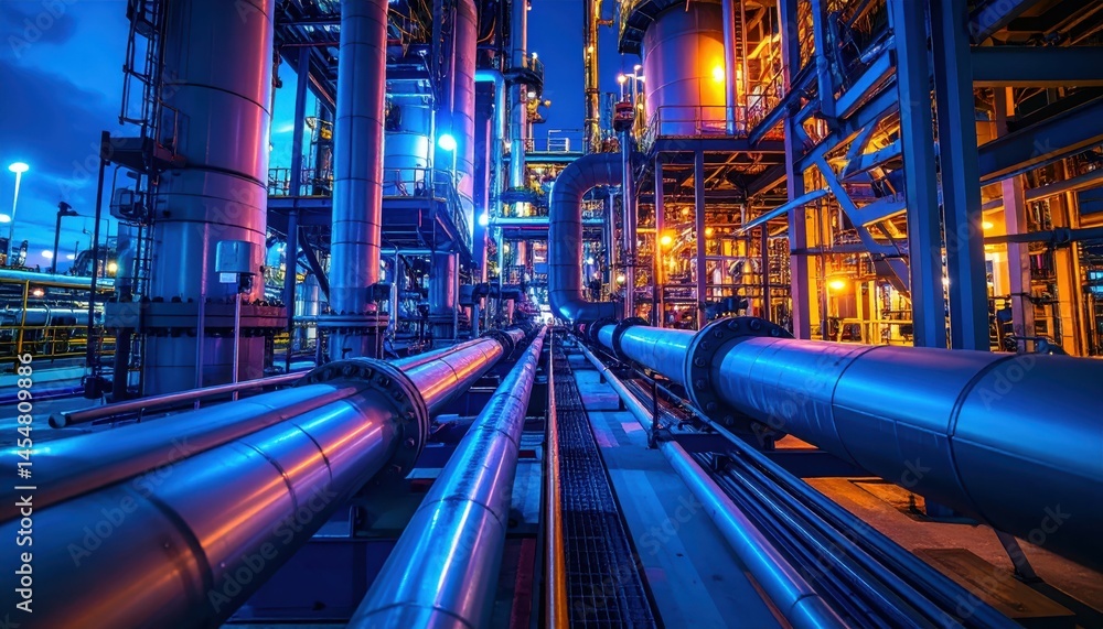 Industrial Pipes and Infrastructure at Night with Colorful Lighting Industrial Pipes and Infrastructure at Night with Colorful Lighting