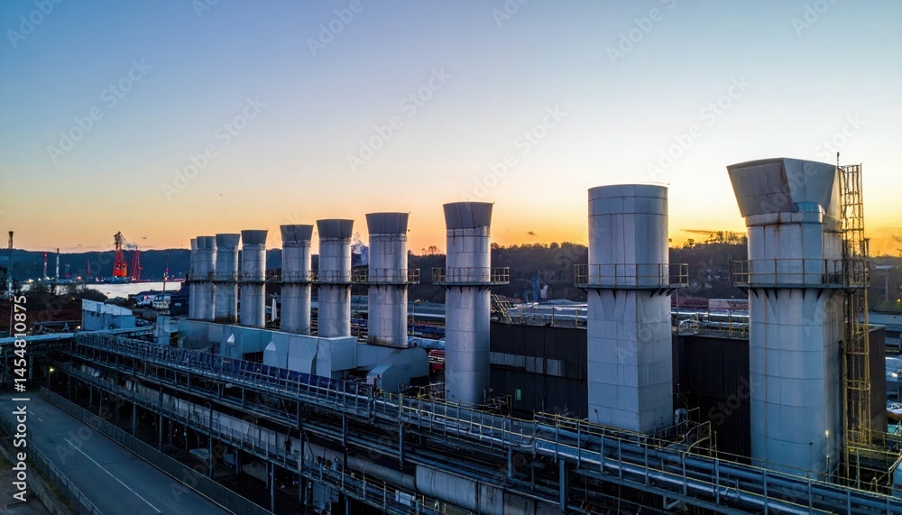 Naklejka premium Modern Industrial Plant with Cooling Towers at Sunrise