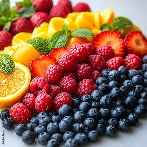 Assortment of fresh fruits strawberries raspberries blueberries oranges and mangoes