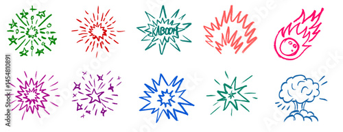 Boom Explosions Effects Crayon Chalk Drawing Vector Set