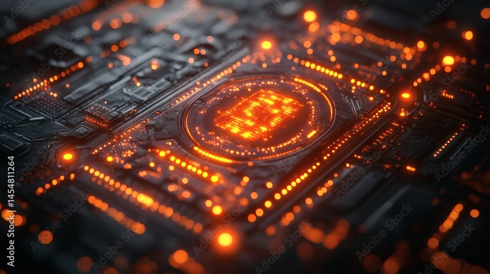 Complex circuit board with glowing orange light emitting from the microchips and pathways, modern computing infrastructure. on a transparent background, PNG image, PNG file. Complex circuit board with glowing orange light emitting from the microchips and pathways, modern computing infrastructure. on a transparent background, PNG image, PNG file.