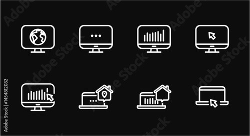 Remote Work Line Icons . Freelancer Work from Home, Video Call, Online Meeting, Teleconference Vector Set