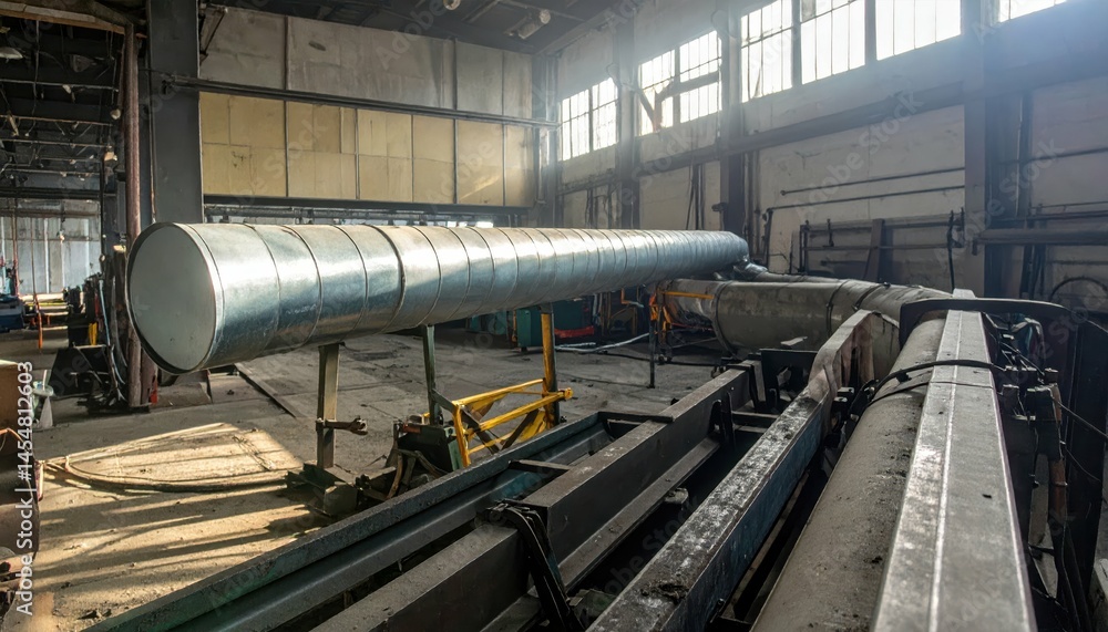 Naklejka premium Industrial Workshop with Large Metal Pipe and Machinery Inside