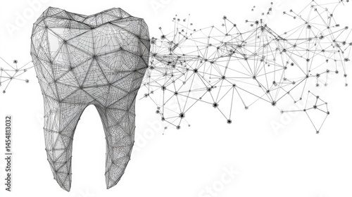 Abstract wireframe tooth structure with connecting network nodes on white background.