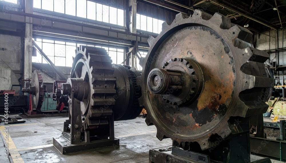Industrial Machine Gears in Abandoned Factory Space with Light Industrial Machine Gears in Abandoned Factory Space with Light