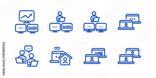 Remote Work Line Icons . Freelancer Work from Home, Video Call, Online Meeting, Teleconference Vector Set