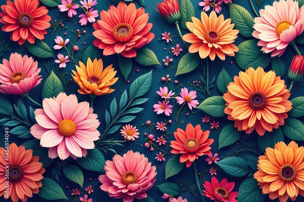 custom made wallpaper toronto digitalContinuous floral motif, vibrant hues, intertwined blooms , beauty, green, print