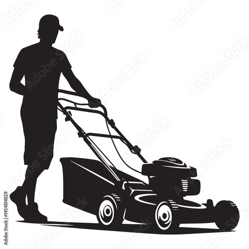 Man mowing the lawn silhouette vector illustration design