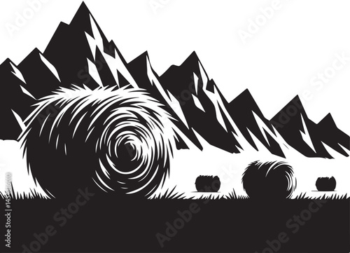 Hay Bales Silhouette Farm Landscape Agricultural Scenery Vector Illustration