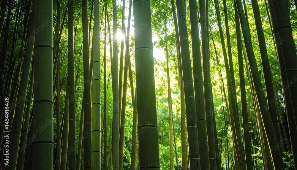 Fototapeta premium Sunlight filters through dense bamboo forest, bright green hues, calm and peaceful atmosphere, natural backdrop