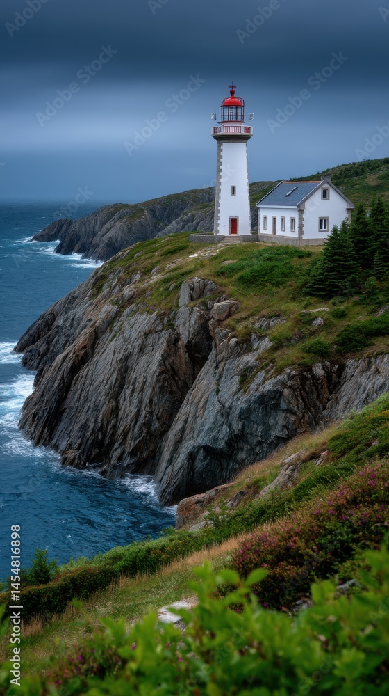 Classic lighthouse on a rocky cliff overlooking turbulent ocean water, white structure with a red top near a small white house. Classic lighthouse on a rocky cliff overlooking turbulent ocean water, white structure with a red top near a small white house.