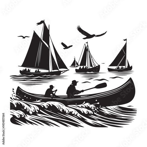 Sailing Adventure Illustration with Boats and Canoes on Water