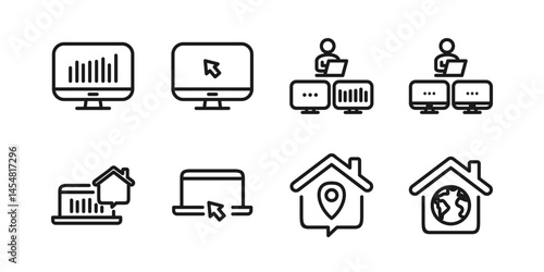 Remote Work Line Icons . Freelancer Work from Home, Video Call, Online Meeting, Teleconference Vector Set