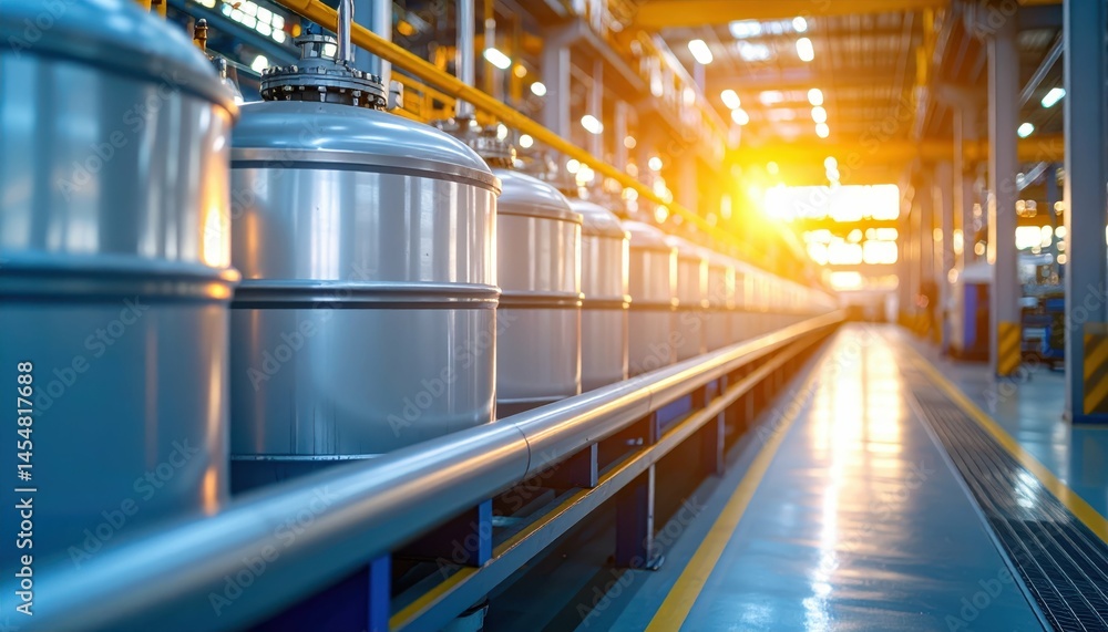 Obraz premium Industrial Manufacturing Process with Silver Tanks in Factory Setting