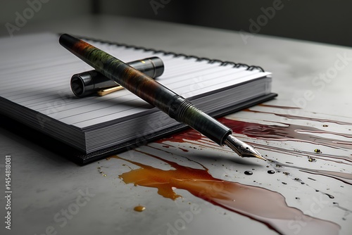 A dramatic still life featuring a fountain pen resting on a blood-stained notebook