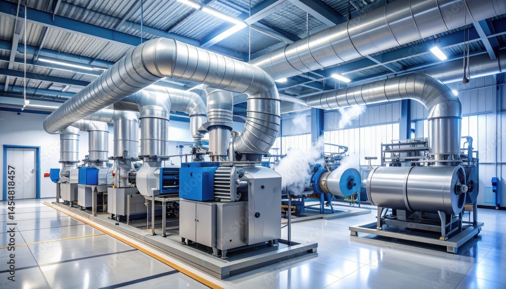 Industrial Machinery with Pipes and Equipment in Modern Manufacturing Facility Industrial Machinery with Pipes and Equipment in Modern Manufacturing Facility