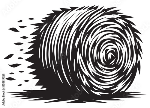 Rolling Hay Bale Illustration Vector Silhouette in Black and White