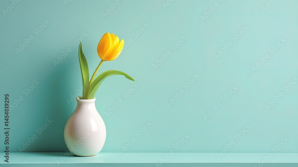 Elegant Yellow Tulip in White Vase Against Pastel Background Elegant Yellow Tulip in White Vase Against Pastel Background