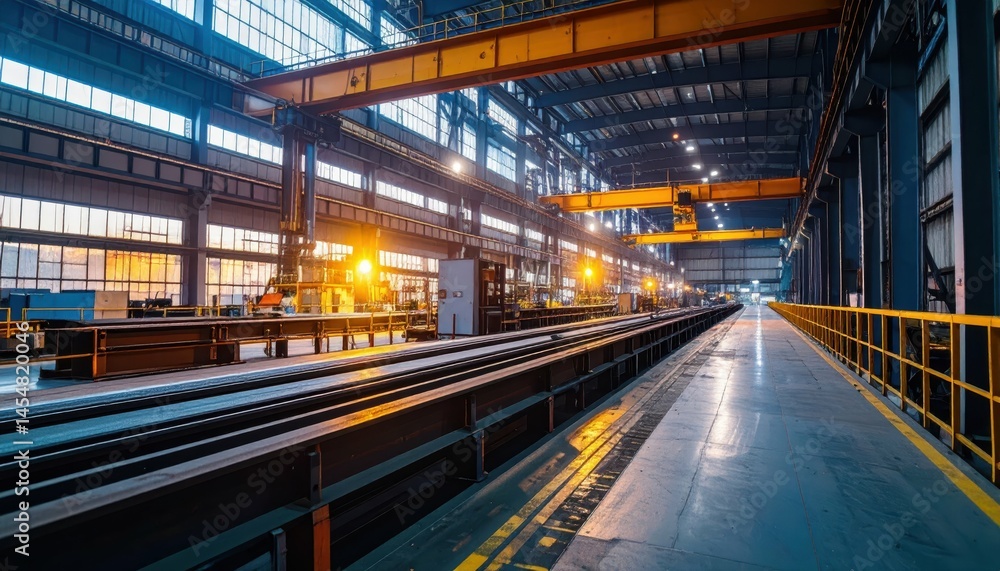 Inside a Modern Industrial Warehouse with Cranes and Steel Beams Inside a Modern Industrial Warehouse with Cranes and Steel Beams