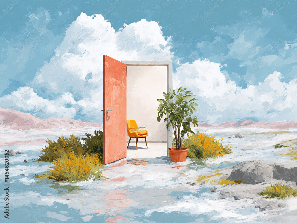 A surreal landscape with an open red door, a yellow chair, and a potted plant under a bright blue sky with fluffy clouds.