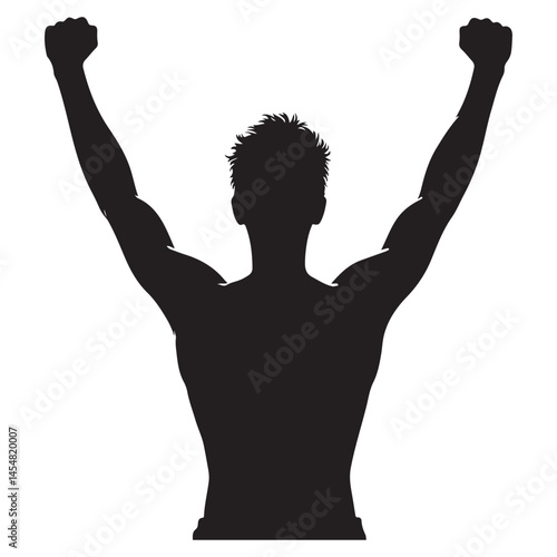 Silhouette of man celebrating with arms raised in victorious achievement