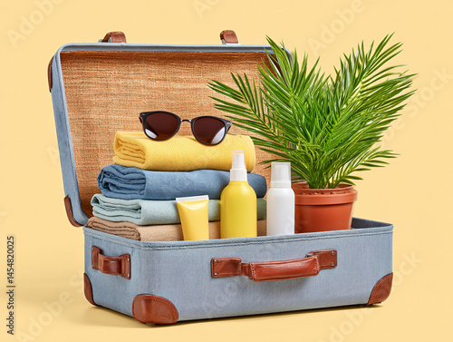 A suitcase packed with towels, sunglasses, toiletries, and a potted plant against a yellow background.