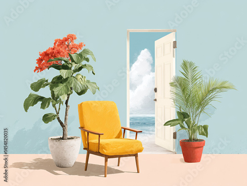 Obraz na płótnie A cozy yellow chair sits between potted plants in a minimalist room with an open door revealing a bright ocean view beyond. w salonie