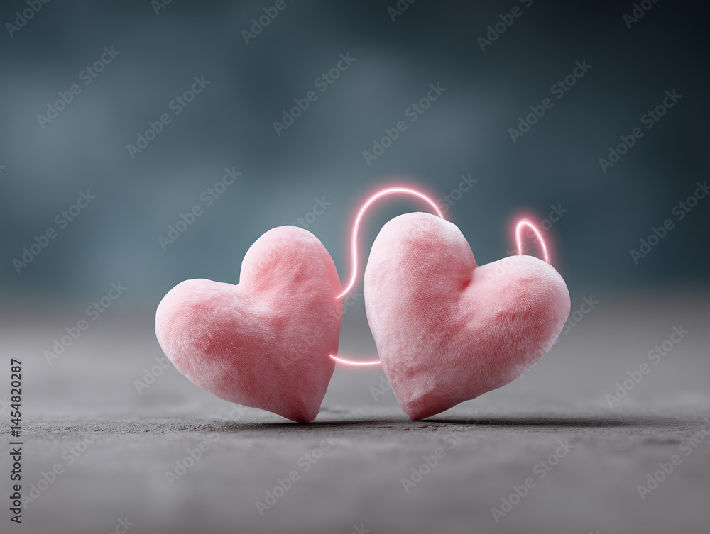Two soft pink plush hearts connected by a glowing line on a smooth grey surface with a blurred background.
